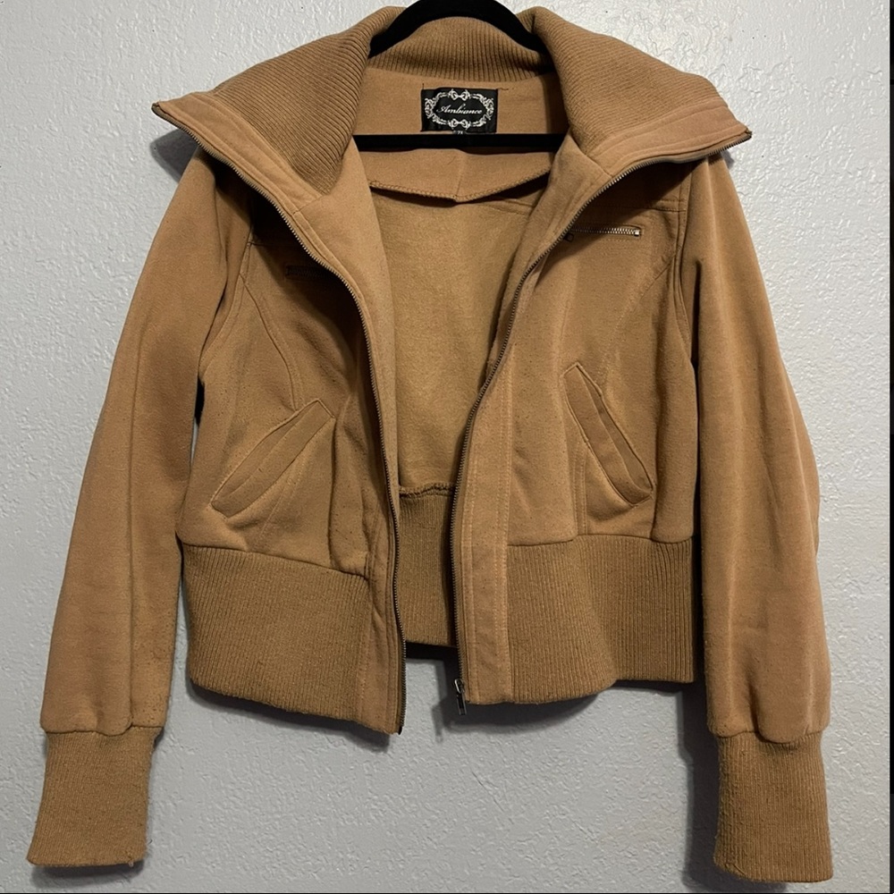 Tan cropped bomber style jacket with collar and pockets